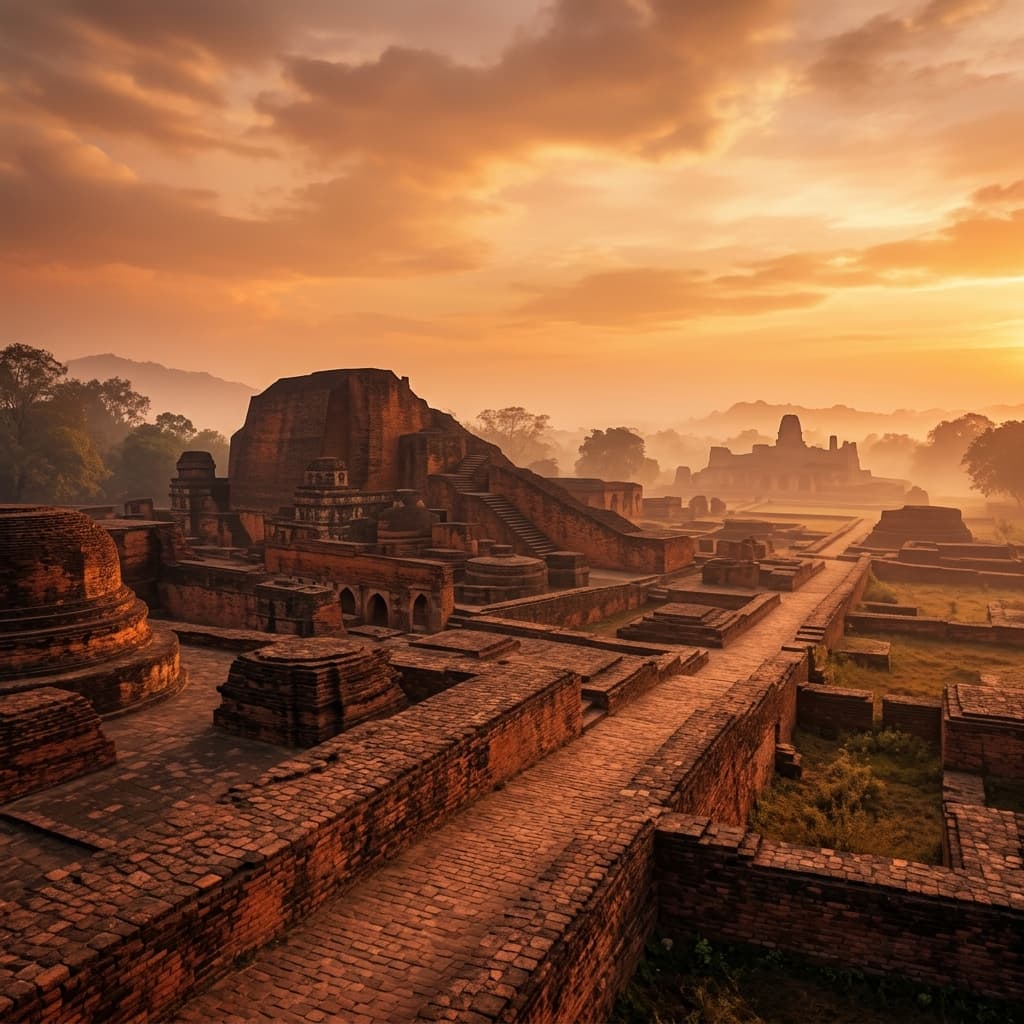 Ancient Nalanda University ruins at golden hour